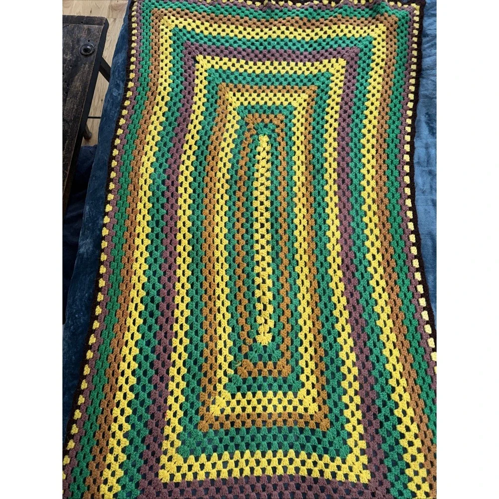 Vintage‎ Crochet Throw Blanket brown/green/yellow 60x35in